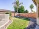 Green grass yard area with rock landscaping and block wall border and many palm trees at 19403 E Arrowhead Trl, Queen Creek, AZ 85142