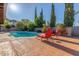 An inviting pool features poolside seating and a serene backyard, perfect for outdoor relaxation and entertaining at 2402 E Cinnabar Ave, Phoenix, AZ 85028
