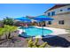 Inviting backyard pool area with blue umbrellas, lush greenery, and a beautiful sunny sky at 3247 E Creosote Ln, Gilbert, AZ 85298