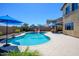 Inviting backyard pool with blue umbrellas and beautiful stone landscaping, perfect for outdoor entertaining at 3247 E Creosote Ln, Gilbert, AZ 85298
