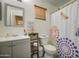 Bright bathroom featuring gray vanity, stylish sink, decorative shower curtain, and natural lighting at 43822 W Baker Dr, Maricopa, AZ 85138