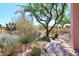 Backyard with desert landscaping, artistic sculptures and beautiful trees at 6966 E Bramble Berry Ln, Scottsdale, AZ 85266