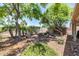 Landscaped backyard featuring lush greenery, mature trees, and a charming stone bench for outdoor relaxation at 14819 W Lupine Ln, Surprise, AZ 85374