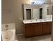 Spacious bathroom vanity featuring dual sinks, large mirror with decorative lighting, and cabinetry at 20931 E Desert Hills Blvd, Queen Creek, AZ 85142