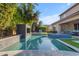 Backyard pool with stone accents, lovely waterfall feature, and lush greenery at 2219 E Galileo Dr, Gilbert, AZ 85298