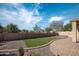 The backyard features synthetic grass, a paved patio, desert landscaping and block wall at 1398 W Windhaven Ave, Gilbert, AZ 85233