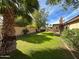Lush backyard featuring green grass, mature trees, and a block fence for privacy at 2301 E Beachcomber Dr, Gilbert, AZ 85234