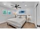 Bedroom features a ceiling fan, plantation shutters, wood floors, and a comfortable queen bed at 3505 N Miller Rd, Scottsdale, AZ 85251