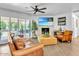 Well-lit living room with a fireplace, stylish furnishings, and sliding glass doors to the outdoors at 3505 N Miller Rd, Scottsdale, AZ 85251