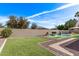 Well-maintained backyard features a sparkling pool, decorative stone, and lush green turf at 4667 E Reins Rd, Gilbert, AZ 85297