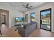 A modern living room with hardwood floors, view of backyard, and contemporary furnishings at 6126 E Charter Oak Rd, Scottsdale, AZ 85254