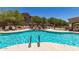 Community pool with lush landscaping, lounge chairs, and a waterfall feature at 7445 E Eagle Crest Dr # 1111, Mesa, AZ 85207