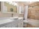Bathroom vanity with white vessel sink, decorative mirror and tub shower at 2256 S Las Flores --, Mesa, AZ 85202