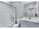 Clean bathroom with tub/shower combo, toilet, and white vanity with mirror at 4628 W Greenleaf Dr, San Tan Valley, AZ 85144