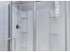 Close up of a glass enclosed shower with built-in shelving, silver fixtures and a shower head at 4628 W Greenleaf Dr, San Tan Valley, AZ 85144