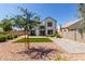 An expansive backyard with grass, desert landscaping, mature trees, and a patio at 830 E Gila Ln, Chandler, AZ 85225