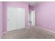 Bright bedroom features soft carpet, pale lilac walls, and closet with sliding doors at 10059 E Tamery Ave, Mesa, AZ 85212