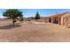 Expansive gravel backyard with rock landscaping, shed and covered patio at 10539 W Tamara Dr, Casa Grande, AZ 85193