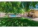 A backyard showcasing a pool surrounded by a safety fence, green grass, a covered patio, and mature trees at 5132 E Grandview Rd, Scottsdale, AZ 85254