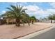 Charming single-story home with well-maintained landscaping, gravel, and mature palm trees at 7439 E Ed Rice Ave, Mesa, AZ 85208