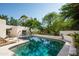 Scenic backyard pool with mature trees and greenery surrounding the outdoor living space at 3186 E Stella Ln, Phoenix, AZ 85016