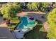 Aerial view of a backyard featuring a uniquely shaped pool surrounded by lush landscaping and manicured lawns at 32311 N Cat Hills Ave, San Tan Valley, AZ 85144