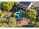 Aerial view of a backyard with a lagoon-style pool, mature trees, and ample seating at 32311 N Cat Hills Ave, San Tan Valley, AZ 85144