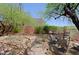 Landscaped backyard featuring a brick walkway, flowering plants, mature trees, and garden seating at 32516 N 68Th Pl, Scottsdale, AZ 85266