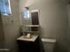 Bathroom area featuring a toilet, vanity with mirror, and peeling paint at 829 W Spray St, Superior, AZ 85173