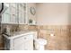 Charming powder room with designer vanity, granite counters, and decorative wall accents at 9753 E Suncrest Rd, Scottsdale, AZ 85262