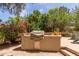 This backyard features an outdoor kitchen with a built in grill and a lot of greenery at 1925 W Olive Way, Chandler, AZ 85248
