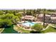 Aerial view of community pool and hot tub with palm trees providing shade and relaxation by the pond at 1925 W Olive Way, Chandler, AZ 85248