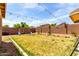 Fenced backyard with a lawn, mature landscaping, string lights, and outdoor play equipment at 13022 W Cherry Hills Dr, El Mirage, AZ 85335
