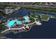 Aerial view highlighting a community pool, spa, lake, and lush landscaping at 20211 N Winter Escape Ct, Maricopa, AZ 85138