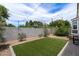 Secluded backyard featuring a manicured lawn, rock landscaping, string lights, and a block fence at 2604 N 27Th St # 4, Phoenix, AZ 85008