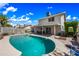 Backyard pool and patio with gray siding on the house, lush green landscaping, and a blue sky at 4136 W Hearn Rd, Phoenix, AZ 85053