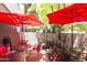 Charming patio area featuring red umbrellas, bistro seating, and lush greenery at 4201 E Camelback Rd # 51, Phoenix, AZ 85018