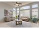 Welcoming living room with high ceilings, large windows, comfortable seating, and neutral colors at 9678 E Voltaire Dr, Scottsdale, AZ 85260