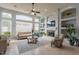 Bright and airy living room features a fireplace, built-in shelving, and neutral furniture at 9678 E Voltaire Dr, Scottsdale, AZ 85260