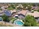 Aerial view of a private backyard oasis with a swimming pool, patio, and green turf at 13709 W Rovey Ave, Litchfield Park, AZ 85340