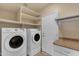 Functional laundry room featuring modern washer and dryer with shelving at 15232 S 36Th Pl, Phoenix, AZ 85044