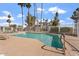 Community pool with chairs, surrounded by palm trees and a white metal fence under a blue sky at 18644 N 5Th Ave, Phoenix, AZ 85027