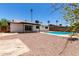 Backyard showcasing a pool, covered patio, and rock landscaping, ideal for outdoor entertaining at 2220 S Cottonwood Dr, Tempe, AZ 85282