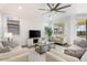 Bright living room showcasing neutral tones, stylish furniture, ceiling fan, and access to outdoor patio at 4360 N 186Th Ln, Goodyear, AZ 85395