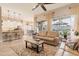Open-concept living area with a cozy sofa, area rug, and bright, natural light from the backyard windows at 4422 E Spur Dr, Cave Creek, AZ 85331