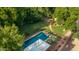 Aerial shot of a backyard featuring a swimming pool, lush lawn, and mature trees at 8302 S Jentilly Ln, Tempe, AZ 85284