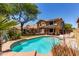 Backyard view of a refreshing pool with covered patio and landscaped surroundings at 1723 W Mercury Way, Chandler, AZ 85224