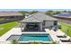 Aerial view of backyard with a pool, covered patio, lounge seating, desert landscape, and barbecue area at 18000 W Thistle Landing Dr, Goodyear, AZ 85338