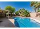 Backyard pool with stone coping, lush landscaping, and a covered patio area at 3030 S Rogers --, Mesa, AZ 85202