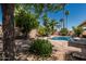Beautiful backyard pool surrounded by lush greenery, palm trees, and desert landscaping at 3030 S Rogers --, Mesa, AZ 85202